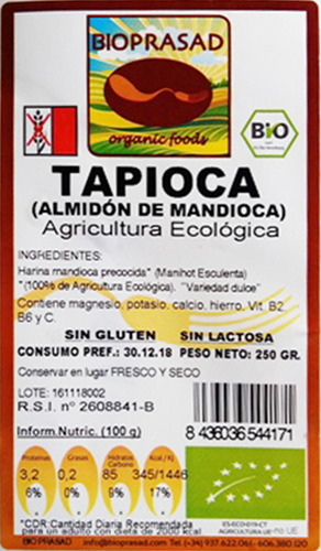 etiqueta harina tapioca 250 bioprasad