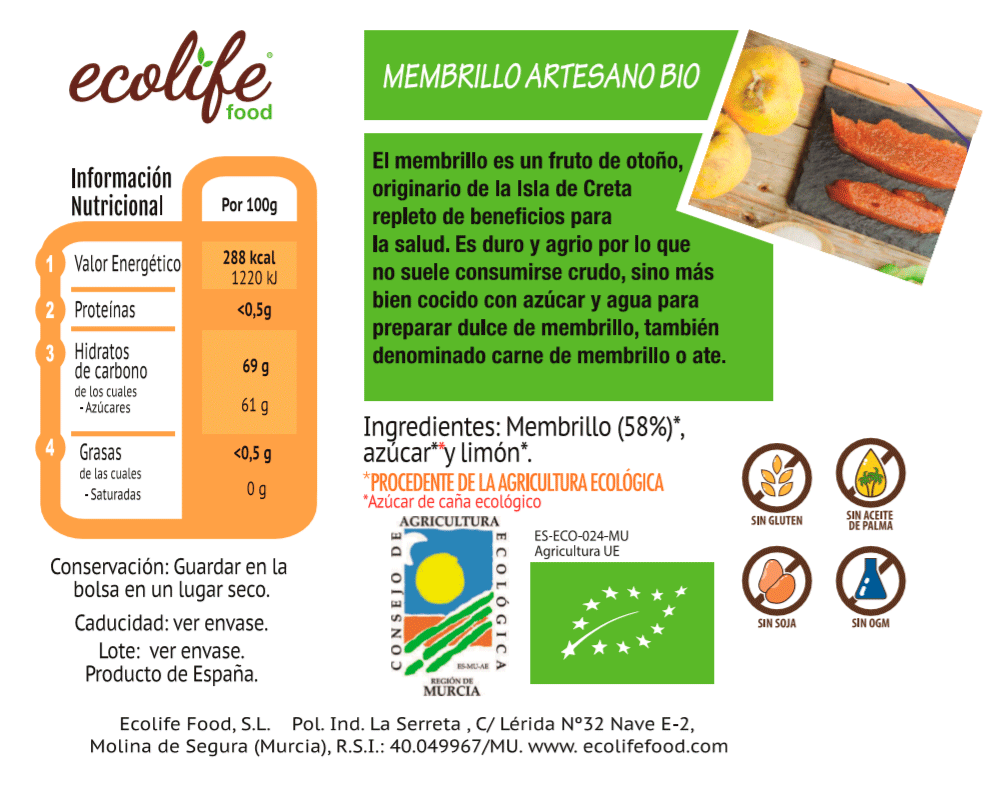 Membrillo Ecologico Ecolife etiqueta