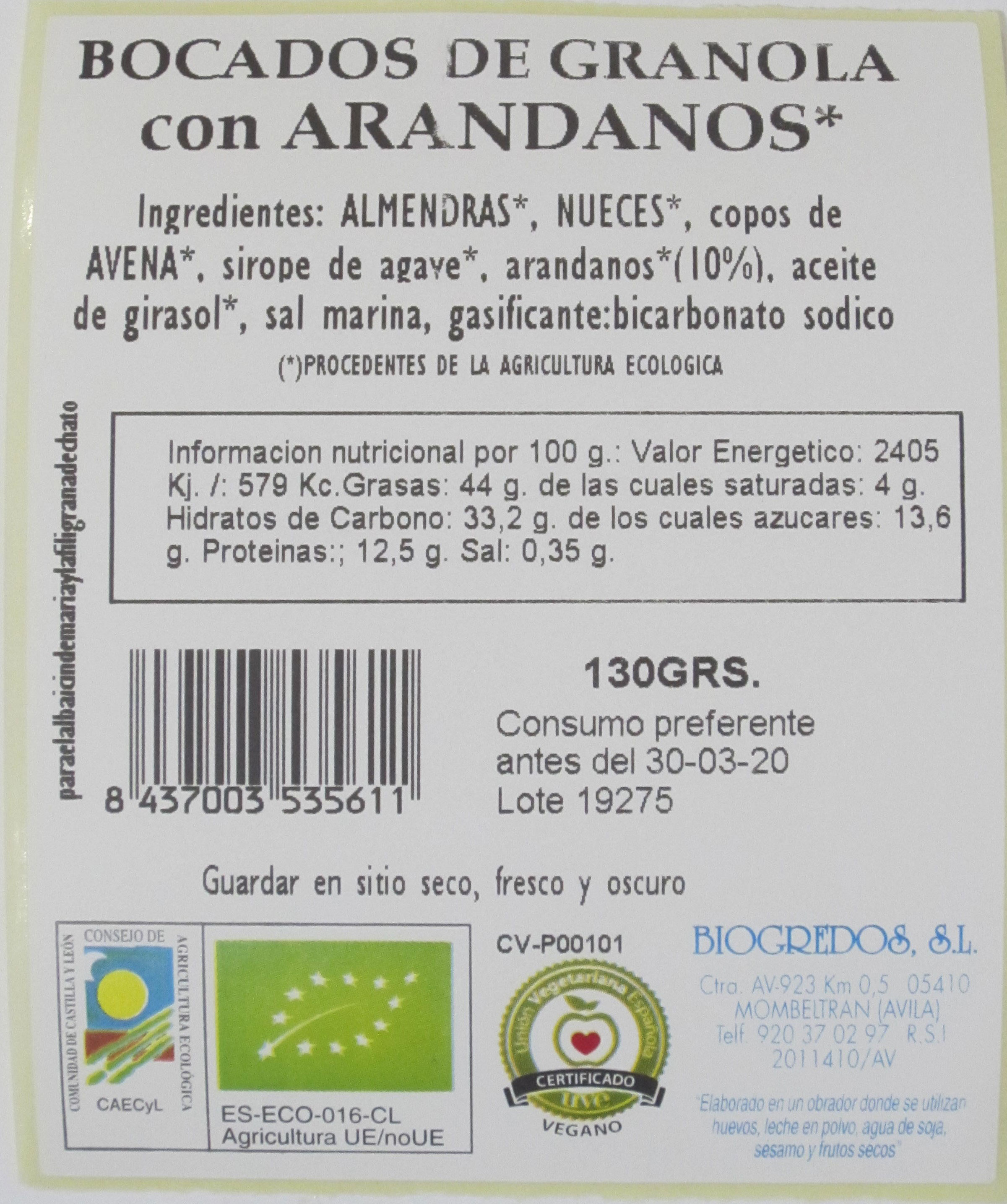 Bocado de granola arandanos biogredos