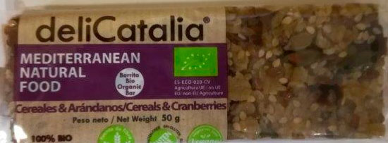 barrita delicatalia cereales con arandanos etiqueta
