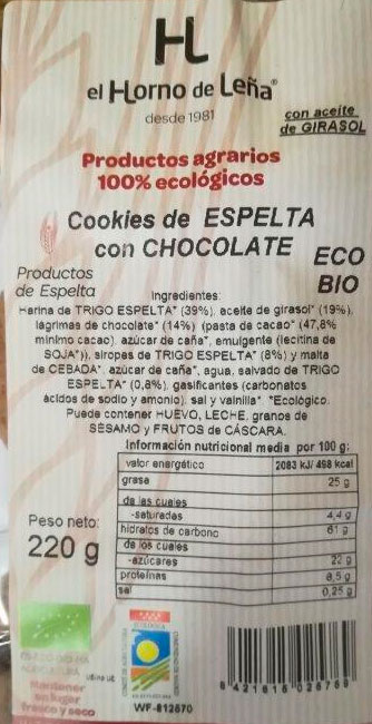 cookies de espelta y chocolate horno de leña
