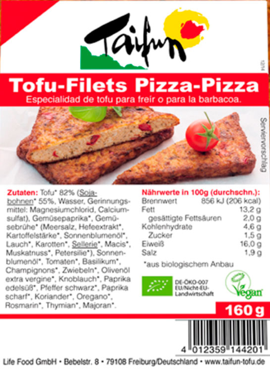 filetes de tofu pizza taifun etiqueta