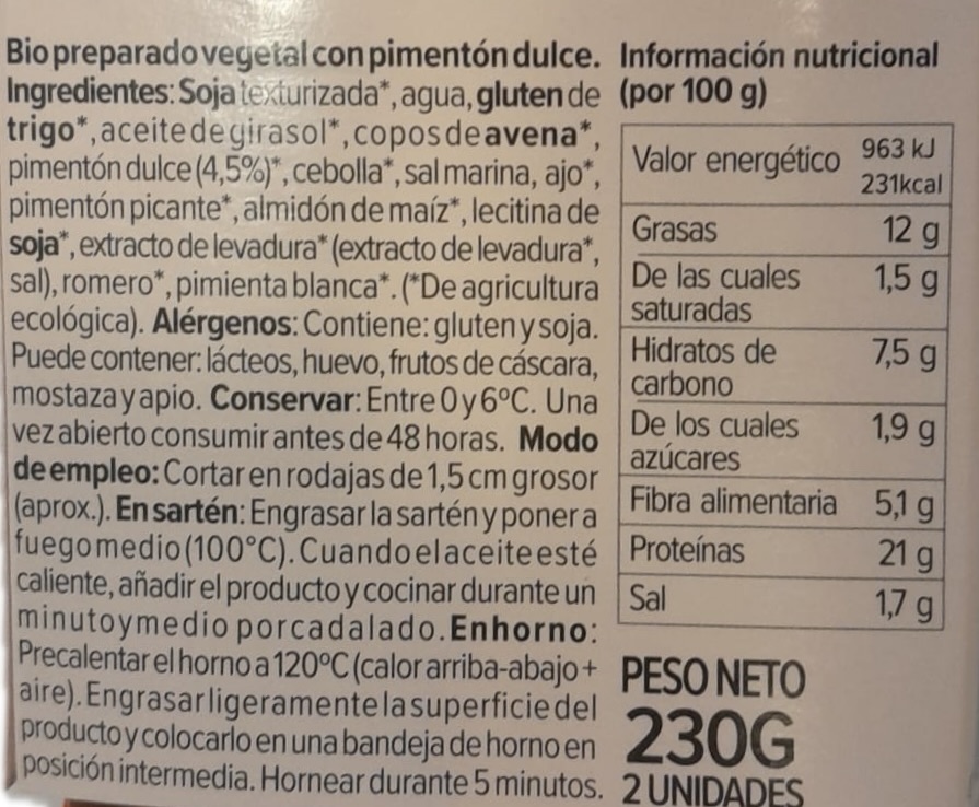 chorizo vegano dulce