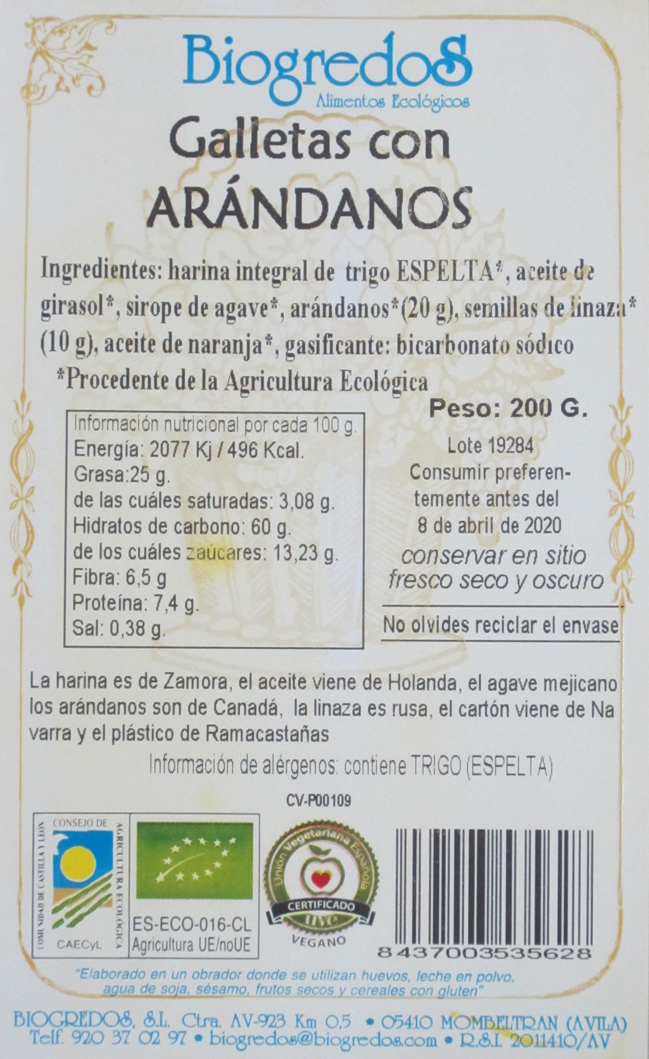 galletas arandanos biogredos etiqueta