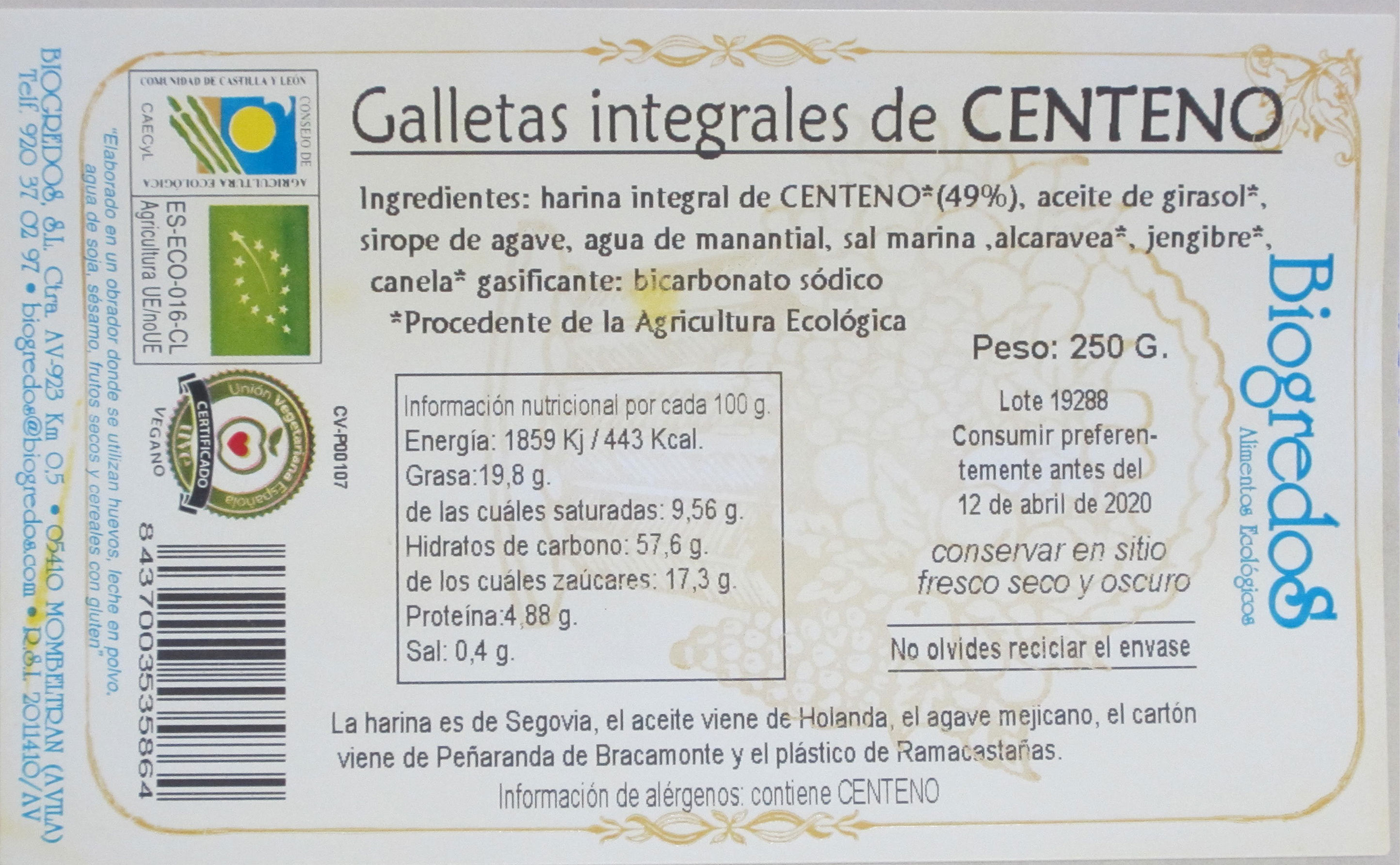 galleta centeno biogredos etiqueta