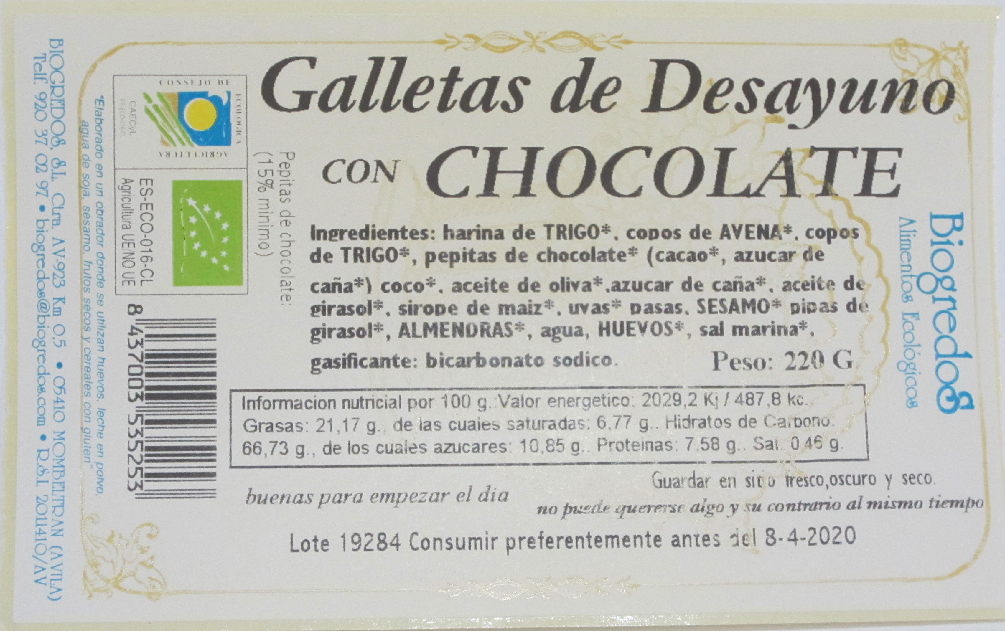 galleta desayuno chocolate bio