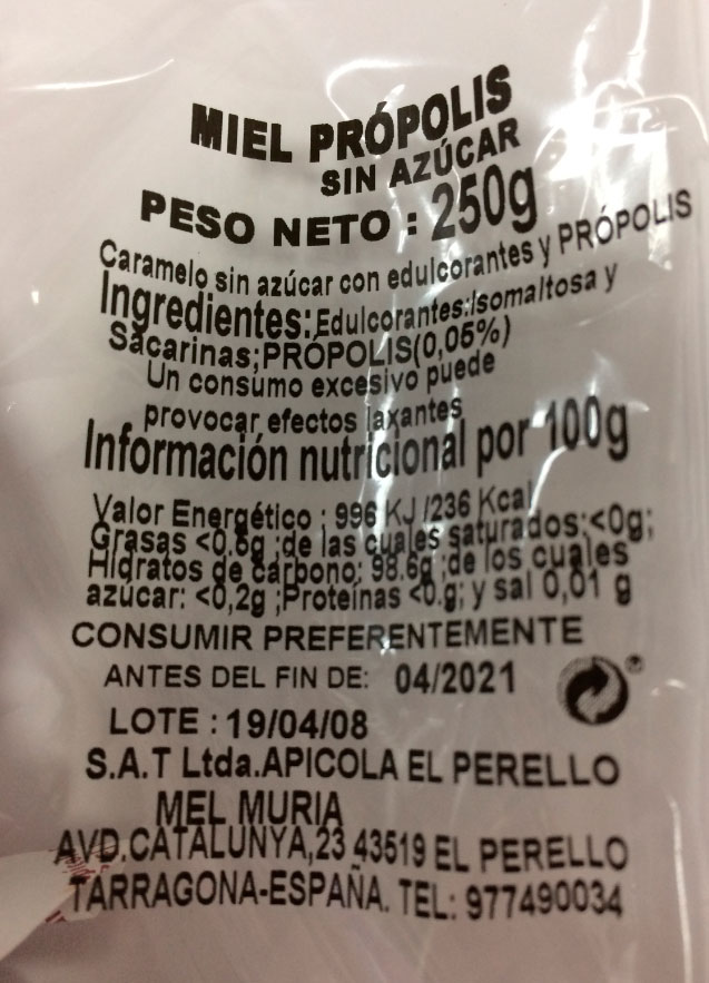 caramelo sin azucar miel y propolis etiqueta