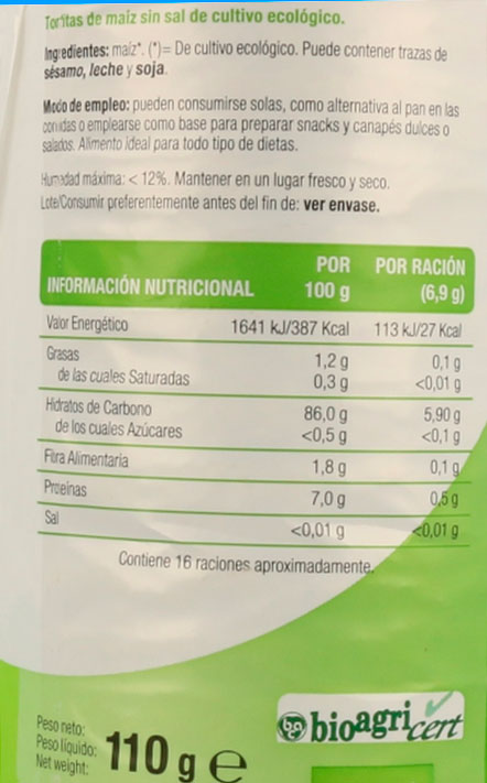 tortitas de maiz 110 gramos bio