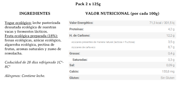 yogur con fresas desnatado casa grande de Xanceda bio